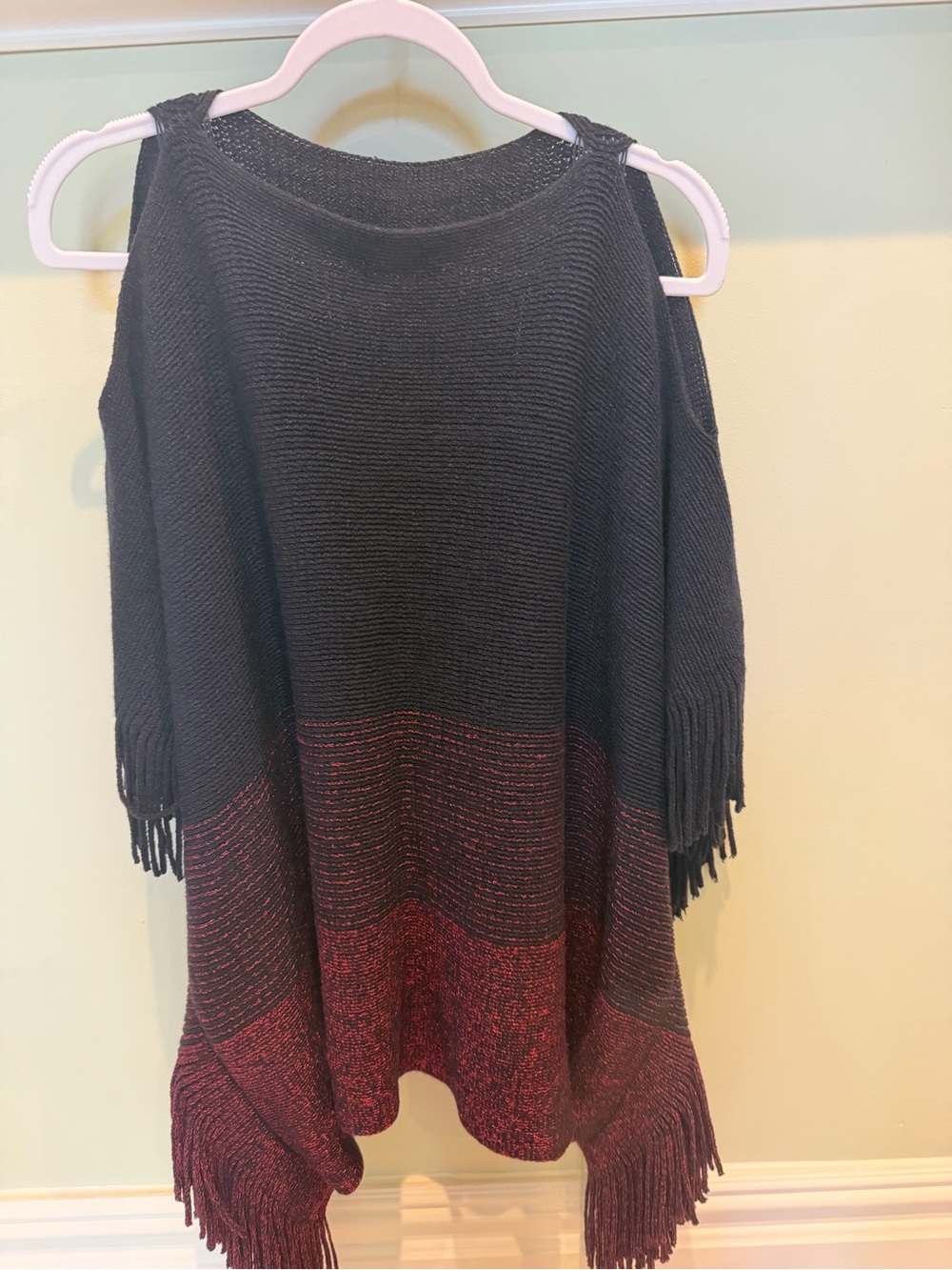 Navy and Burgundy Fringe Cold-Shoulder Sweater
